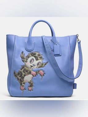 Coach Bag Blue Leather Tote with Painted Creature Motif